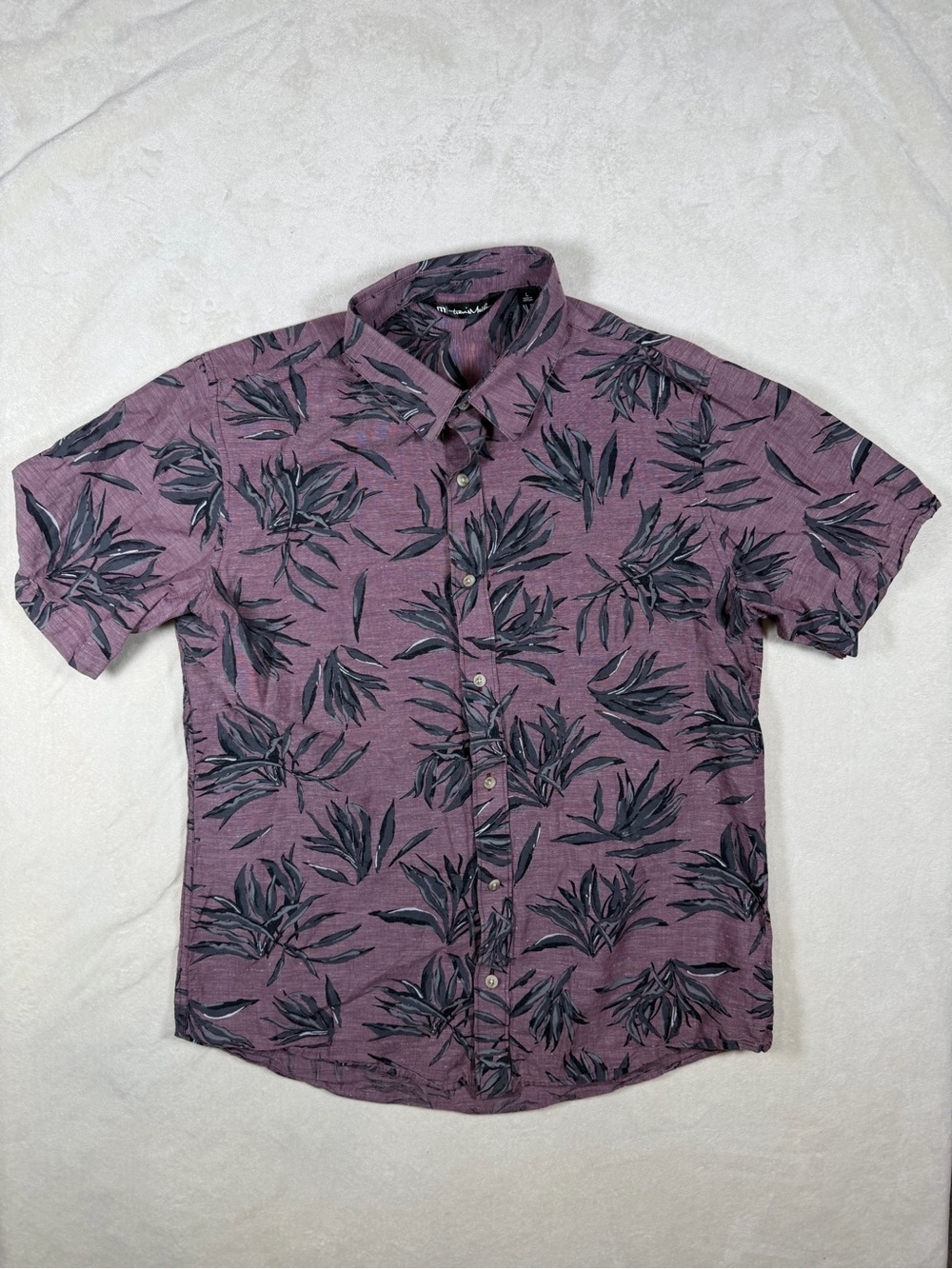 Travis Mathew Large Plum Short-Sleeve Button-Down with Black Floral Print